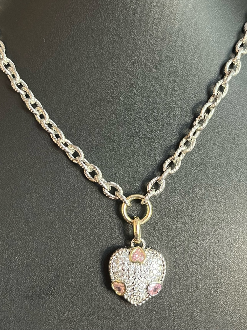 Silver Two-Tone Necklace with Pave Heart Pendant & Pink Heart Accents 16-18”